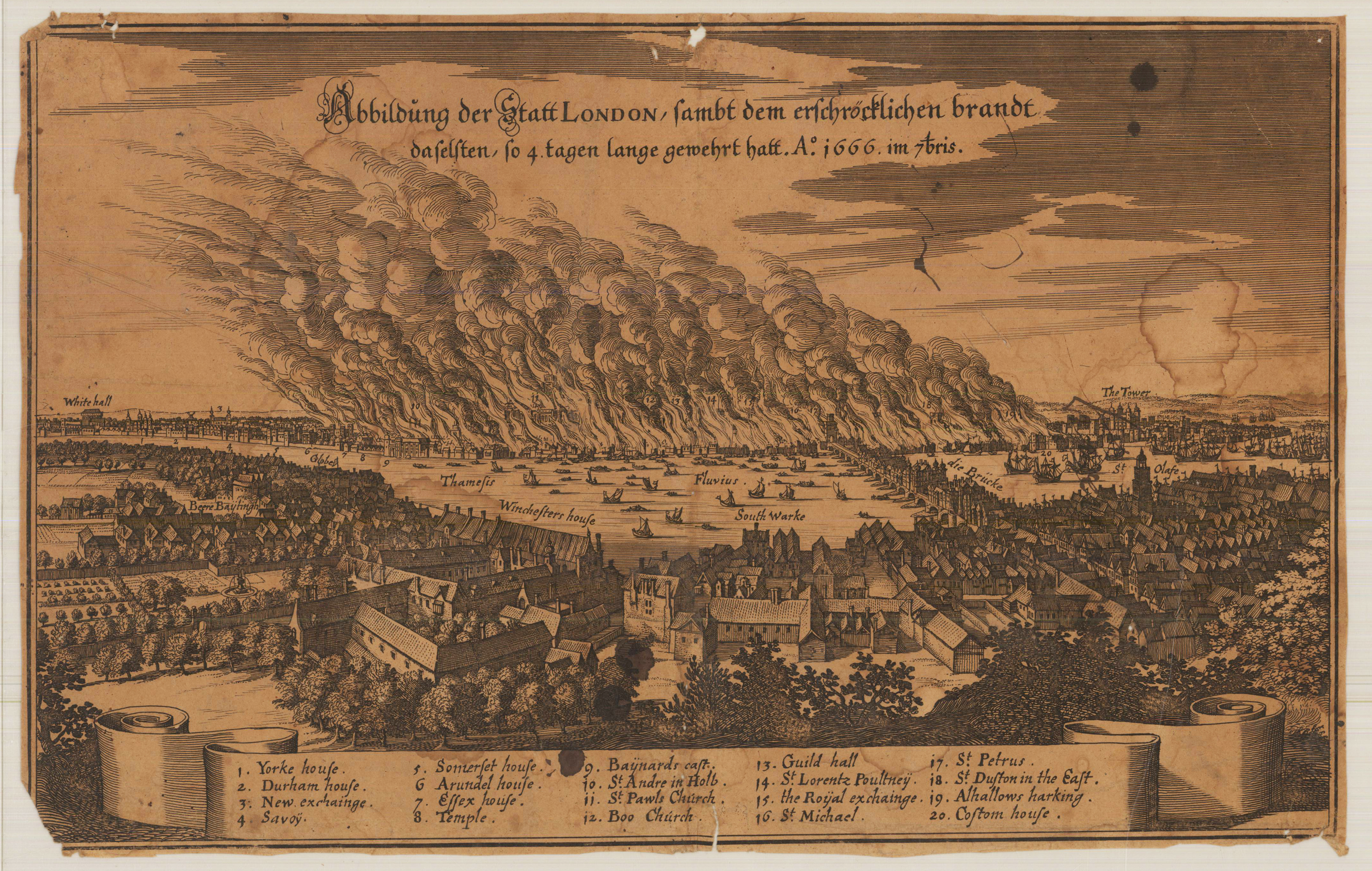 ABBILDUNG DER STATT LONDON, SAMBT DEM ERSCHRÖCKLICHEN BRANDT, daselsten, so 4 tagen lange gewehrt hatt. A. 1666 im 7. (Okto)bris.