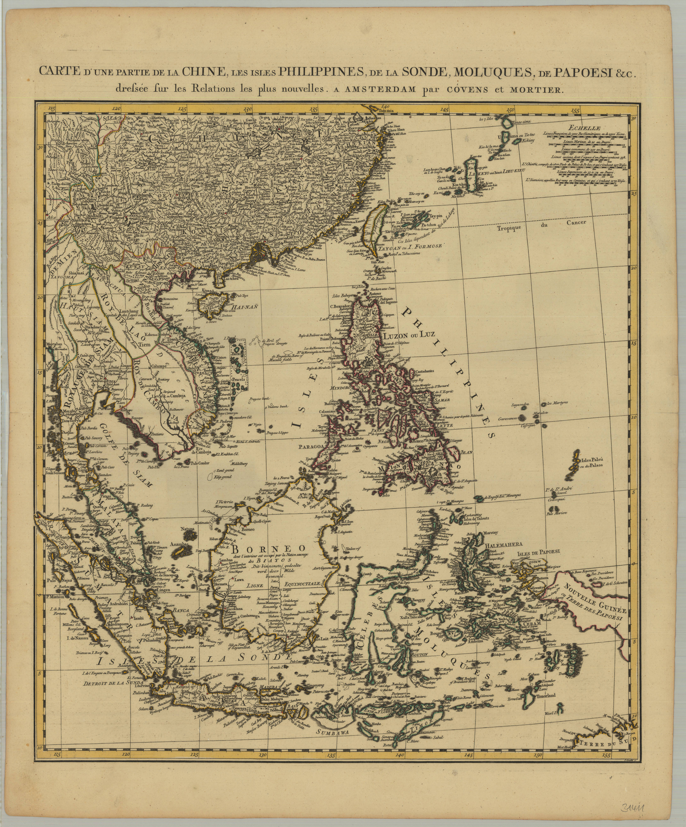 Carte d´une Partie de la Chine, les Isles Philippines, de la Sonde, Moluques, de Papiesi &amp; C. dressée sur le Ralations le plus nouvelles. A Amsterdam par Covens et Moriter.