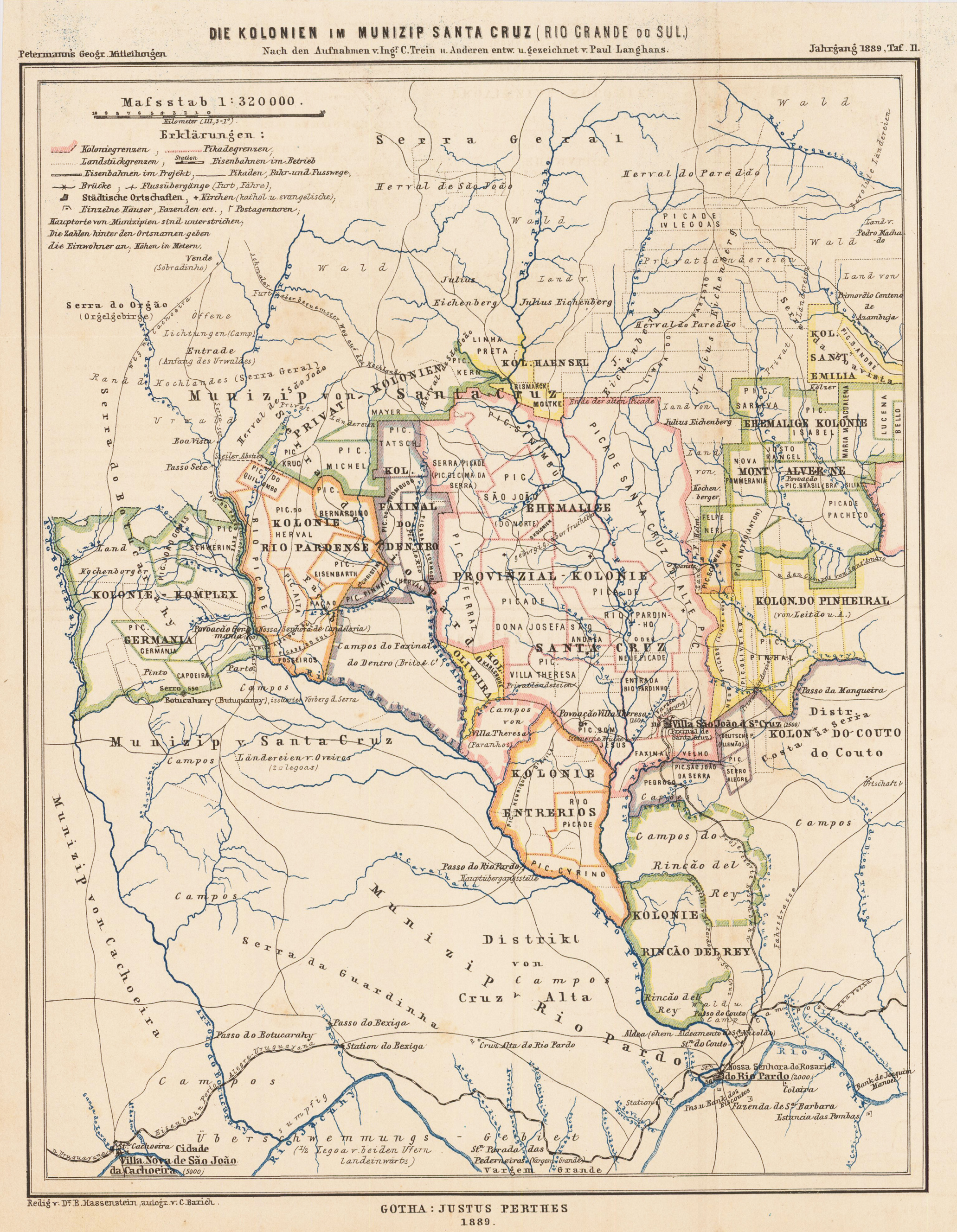 Die Kolonien im Munizip Santa Cruz (Rio Grande do Sul.) Nach den Aufnahmen v. Ingr. C. Trein u. Anderen entw. u. gezeichnet v. Paul Langhans.