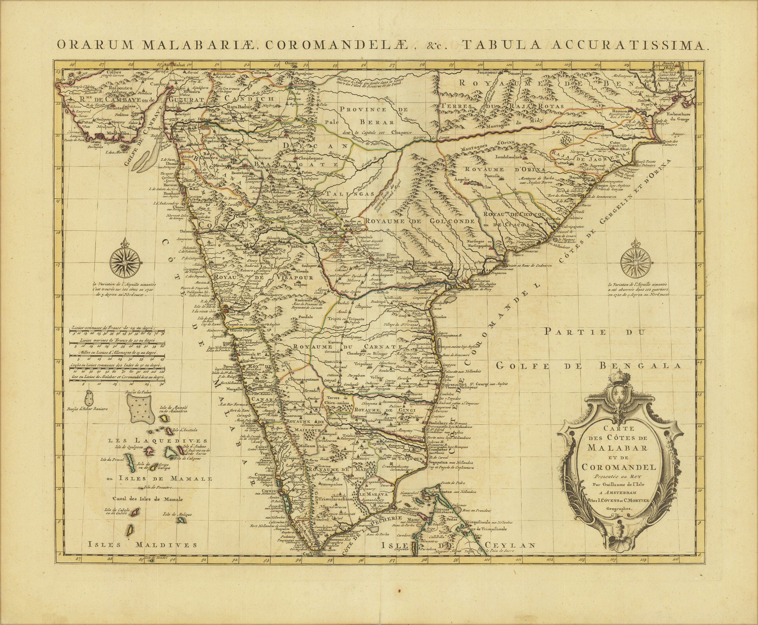 Carte des Cotes de Malabar et de Coromandel Presentée au Roy par Guillaume de I´Isle a Amsterdam Chez I. Cóvens et C. Mortier Geographes.