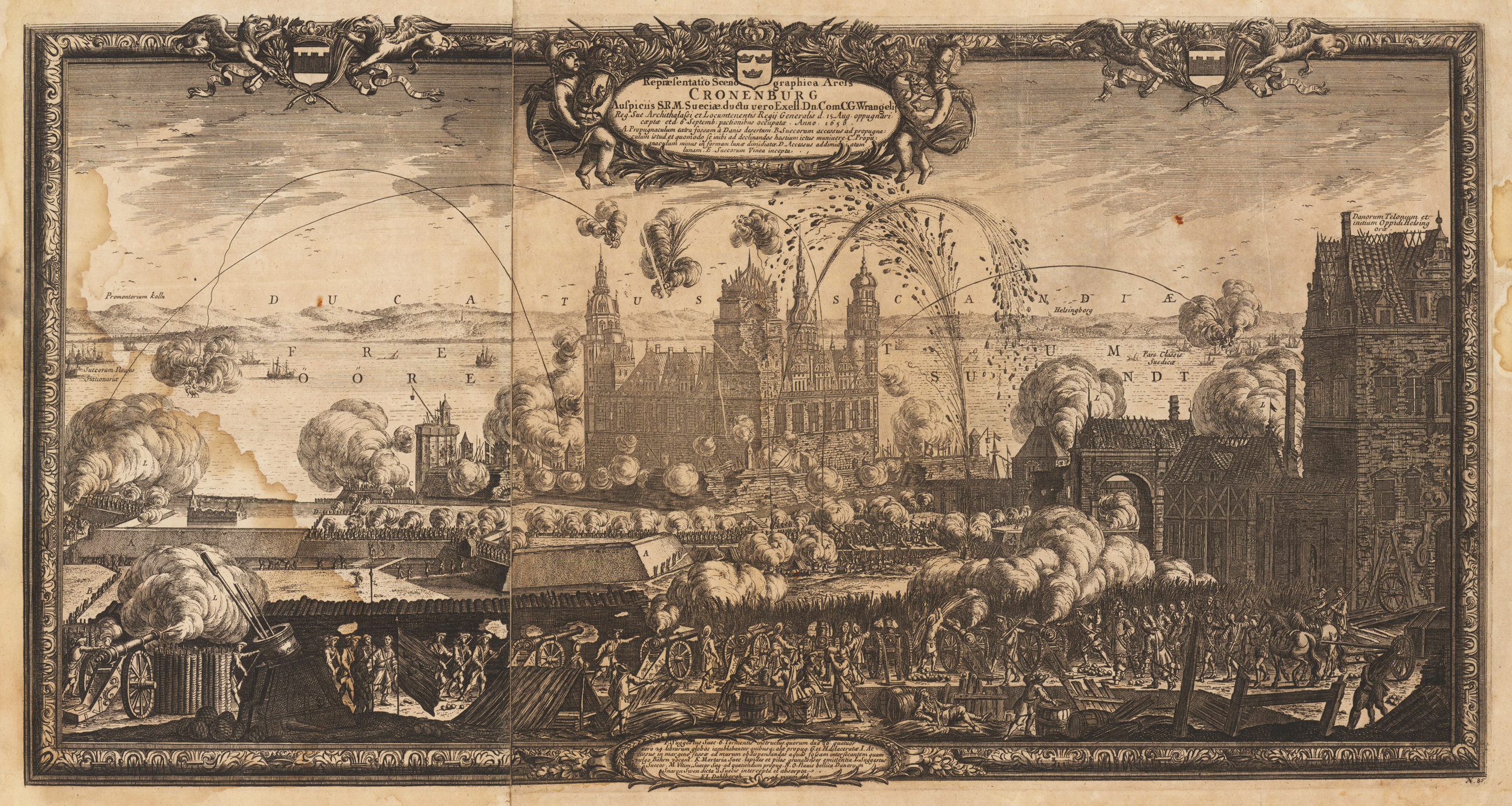 Repræsentatio scenographica Arcis Cronenburg auspiciis S.R. M. Sueciæ. ductu vero Exell. Dn. Com. C.G. Wrangelij reg. Sue. archithalassi et locumtenentis regij generalis -15 Aug. oppugnari cœptæ et -6 Septemb. pactionibus occupatæ. anno. 1658