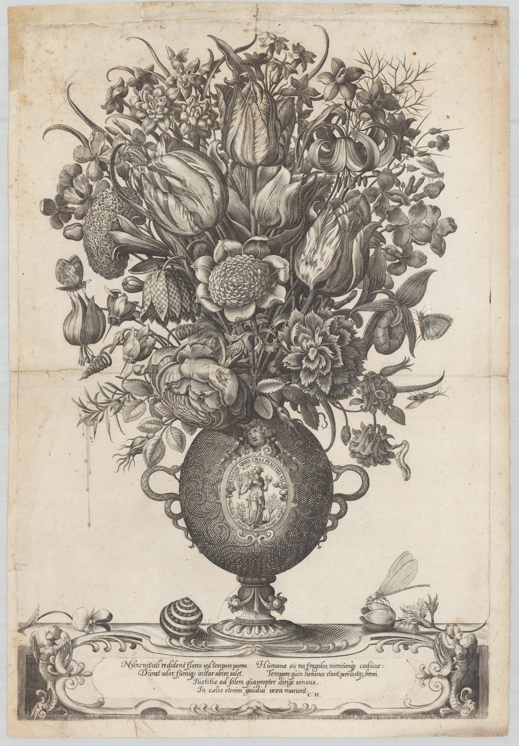 Nunc niitdi redolent flores: sed tempore parvo... (engraved flower bouquet)