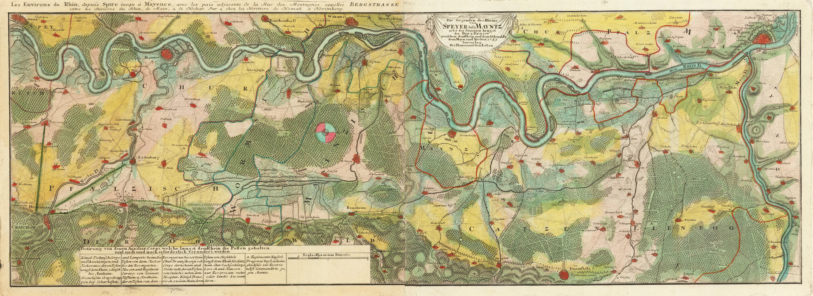 Die Gegend des Rheins von Speyer bis Mayntz nebst der Situation längst der Bergstrasse zwischen dem Rhein und dem Odewaldt dem Mayn und Neckar 1735 Im Verlag der Homaennischen Erben