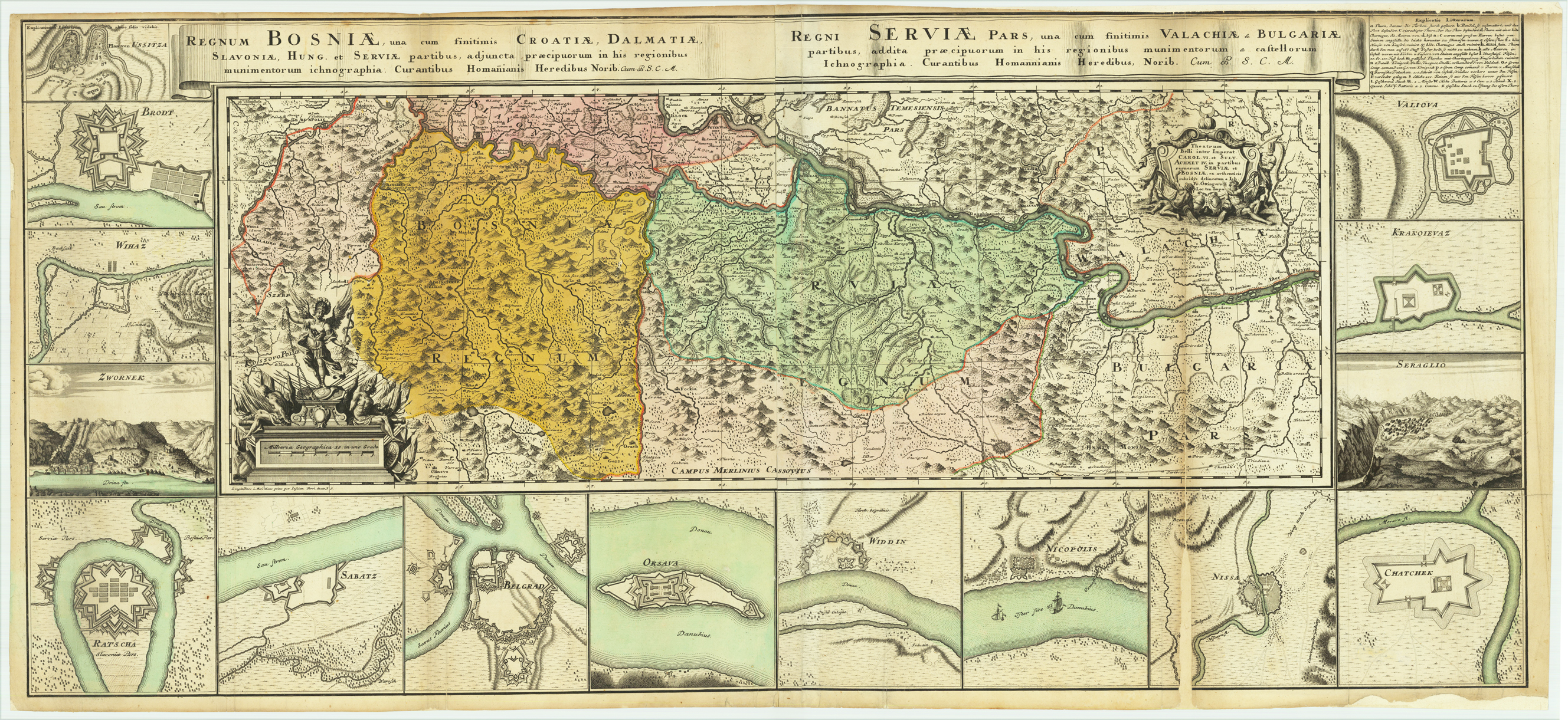 Regnum Bosniae, una cum finitimis Croatiae, Dalmatiae, Slavoniae, Hung. et Serviae partibus, adjuncta praecipuorum in his regionibus munimentorum ichnographica. Curantibus Homanianis Norib. Cum B.S.C.M.