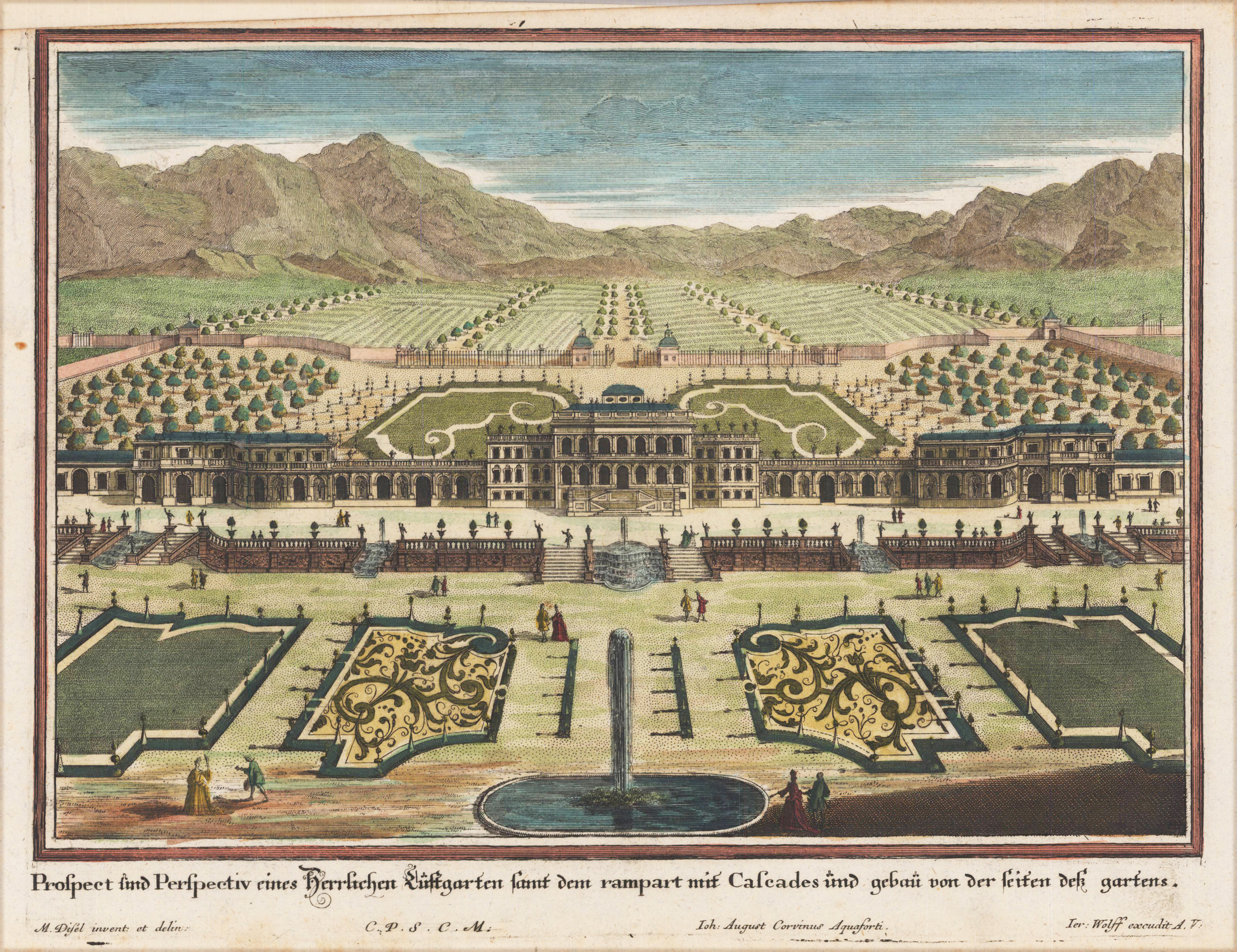Prospect und Perspektiv eines herrlichen Lustgarten samt dem rampart mit Caseades und gebäu von der seiten des gartens.