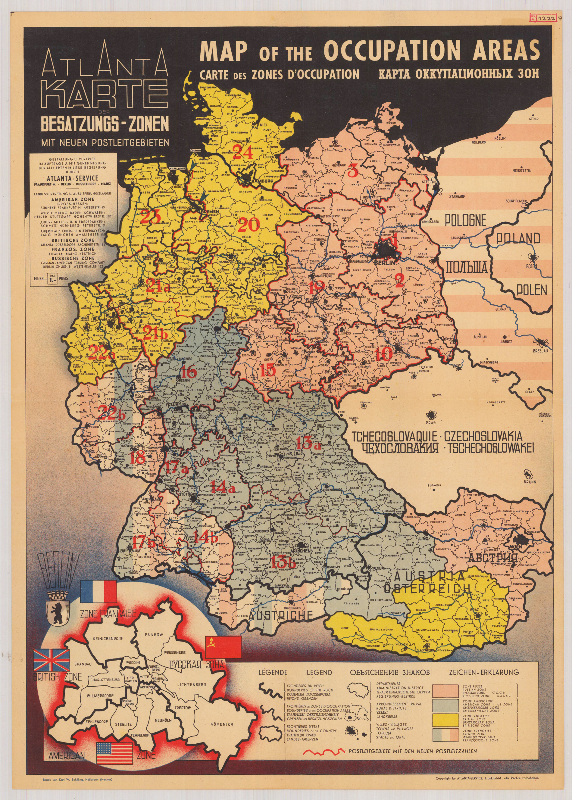 MAP OF THE OCCUPATION AREAS - КАРТА ОККУПАЦИОННЫХ ЗОН - CARTE DES ZONES D'OCCUPATION. - Atlanta Karte der Besatzungszonen mit neuen Postleitgebieten - MAP OF THE OCCUPATION AREAS - CARTE DES ZONES D'OCCUPATION.