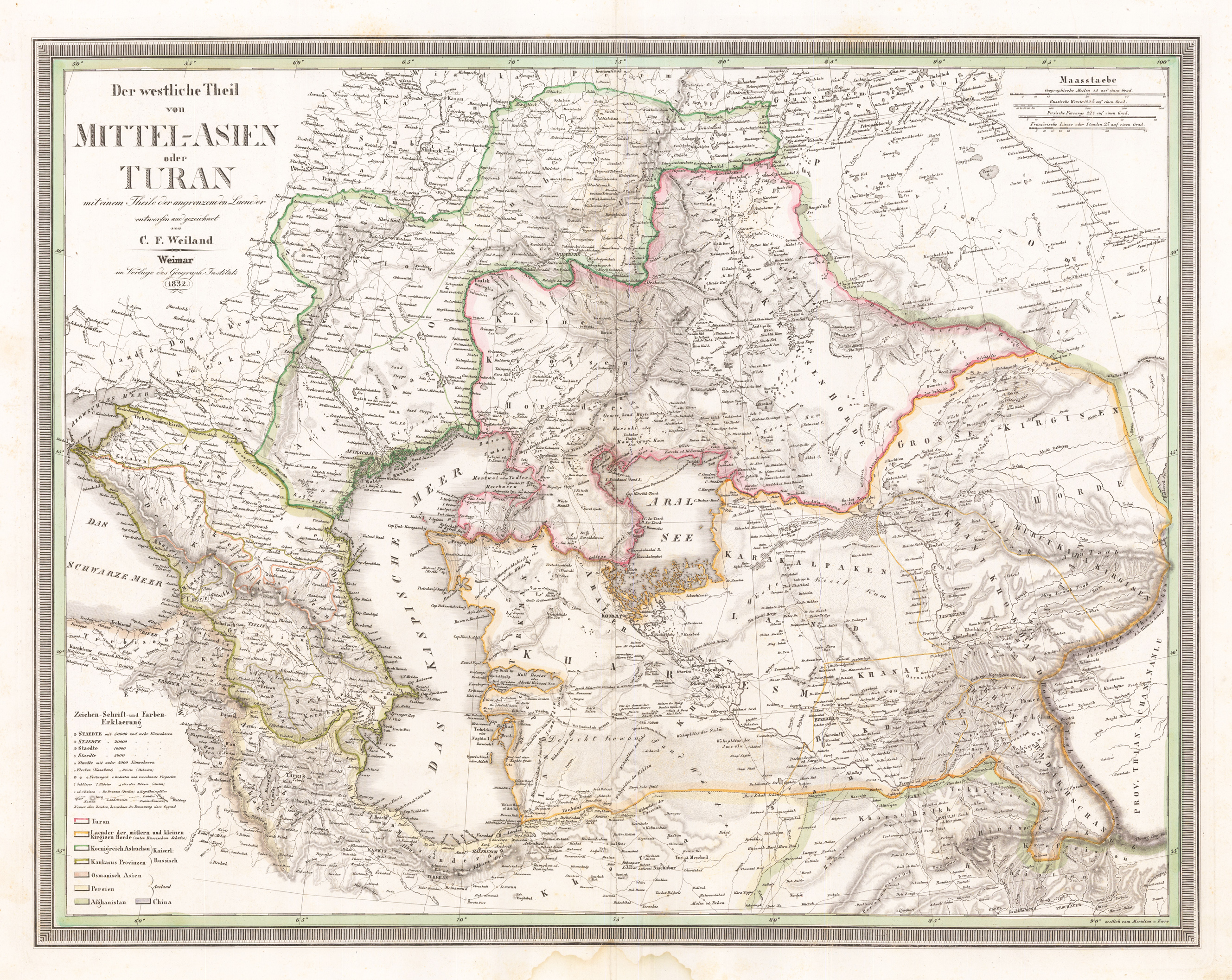 Der westliche Theil von Mittel-Asien oder Turan mit einem Theil der angaenzenden Laender. Entworfen und gezeichnet von C. F. Weiland. Weimar im Verlage des Geograph. Instituts 1832.