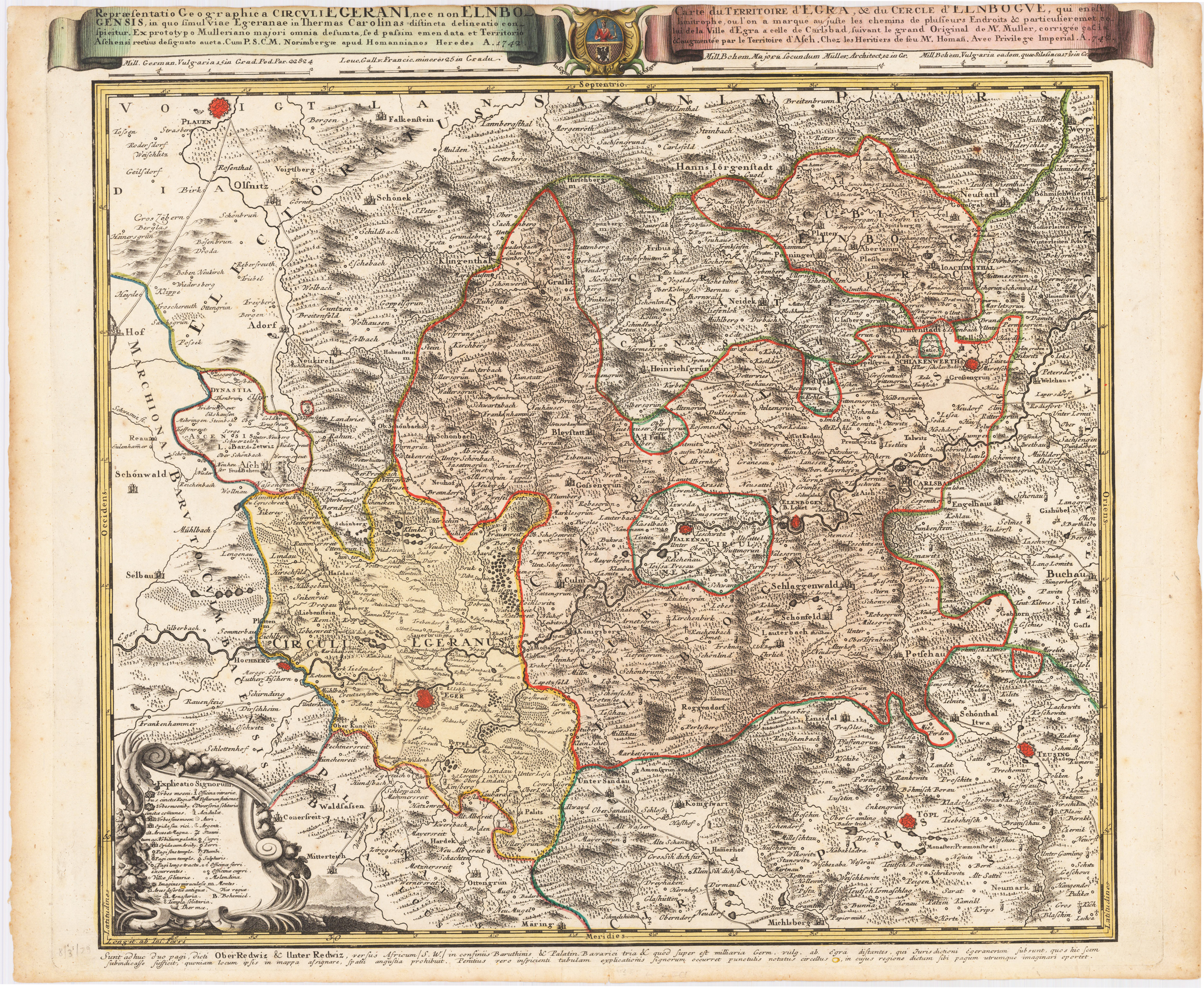 Egerani Circulus Repraesentatio Geographice Circuli Egerani, nec non Elnbogensis, in quo simulviae Egeranae in Thermas Carolinas sistincta delineatio con spietur. Ex prototyp Mulleriano majori omnia desumata...