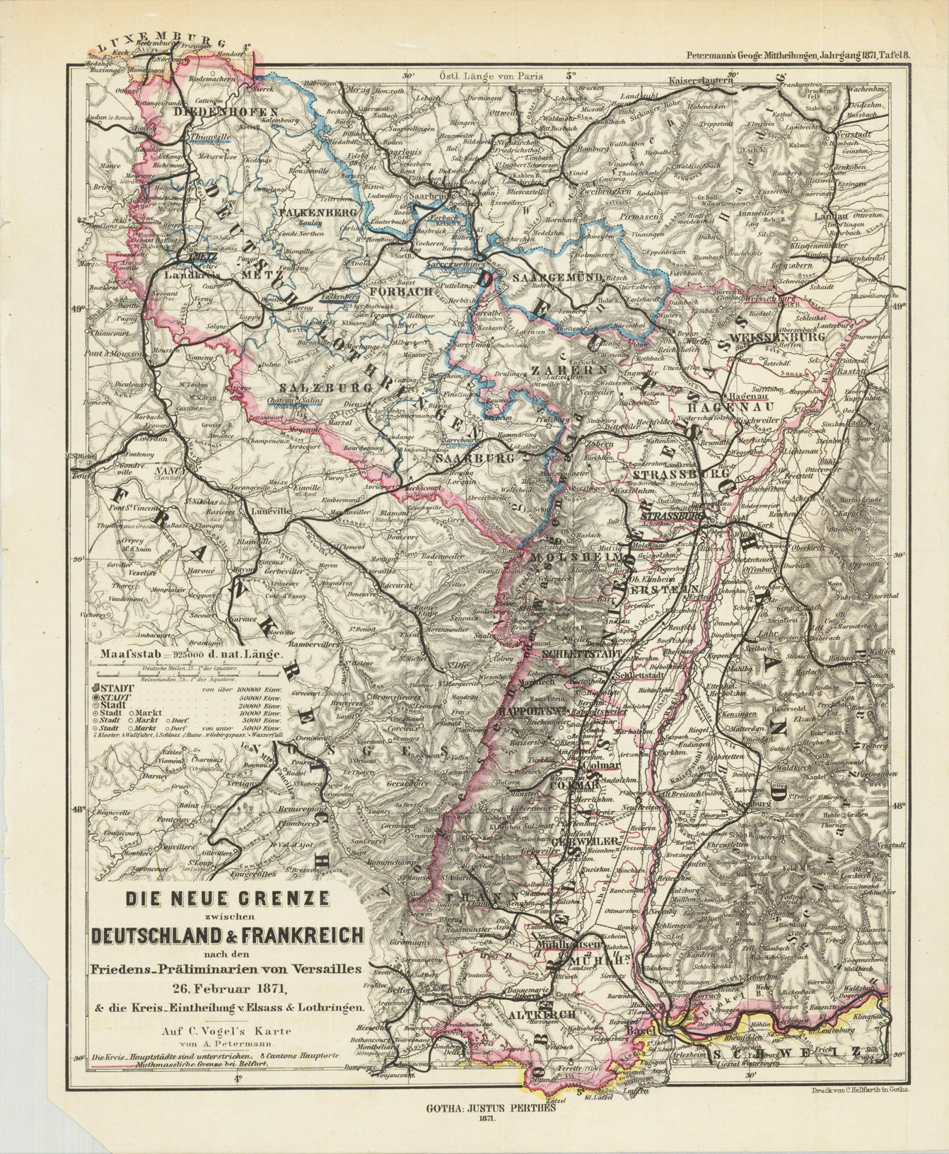 Die Neue Grenze zwischen Deutschland &amp; Frankreich nach den Friedens-Präliminarien von Versailles 26. Februar 1871, &amp; die Kreis_Eintheilung v. Elsass &amp; Lothringen. Auf C. Vogel's Karte von A. Petermann.