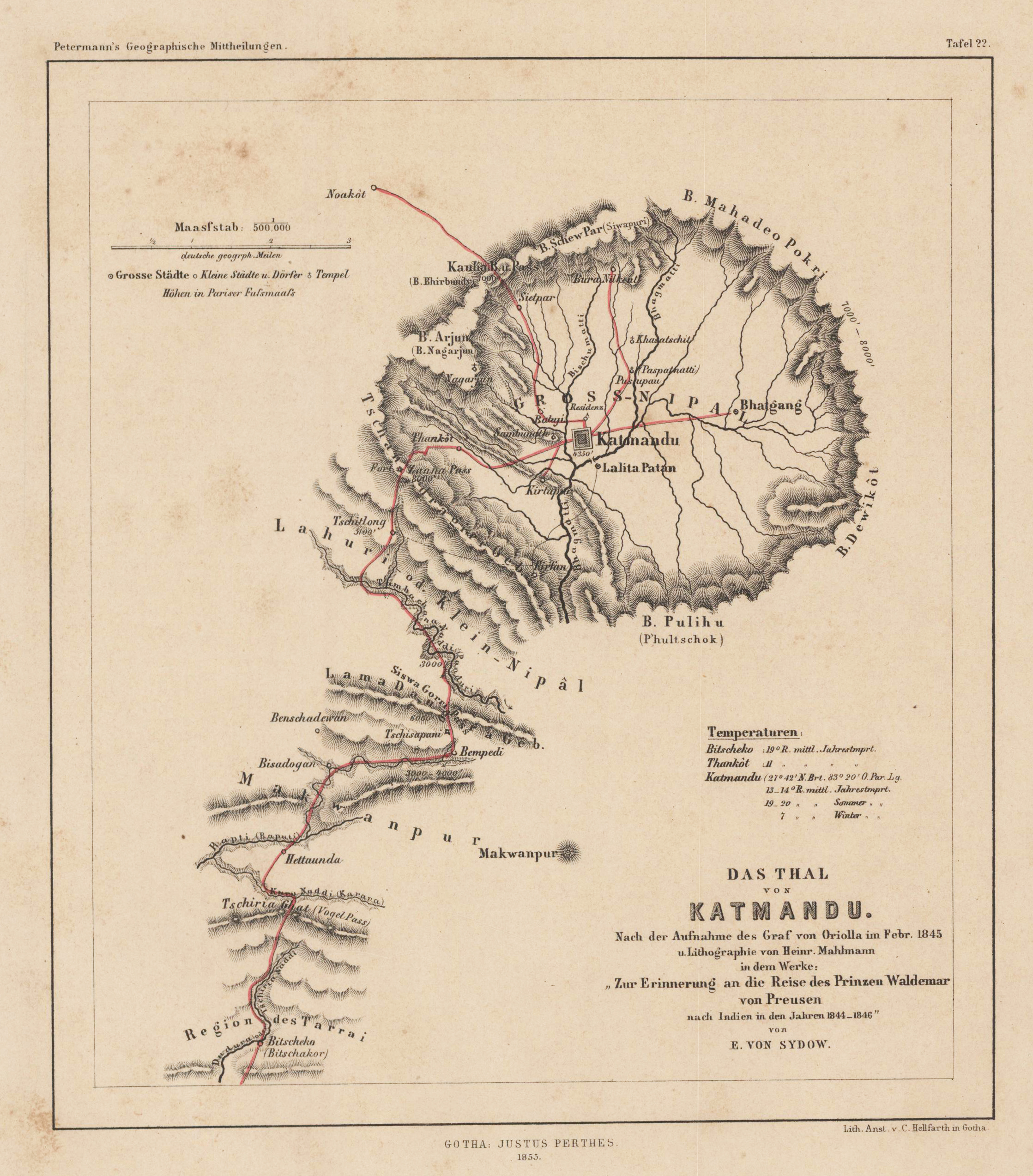 Das Thal von Katmandu. Nach der Aufnahme des Graf von Oriolla im Febr. 1845 u. Lithographie von Heinr. Mahlmann in dem Werke:,Zur Erinnerung an die Reise des Prinzen Waldemar von Preussen nach Indien in den Jahren 1844-1846' von E. von Sydow.