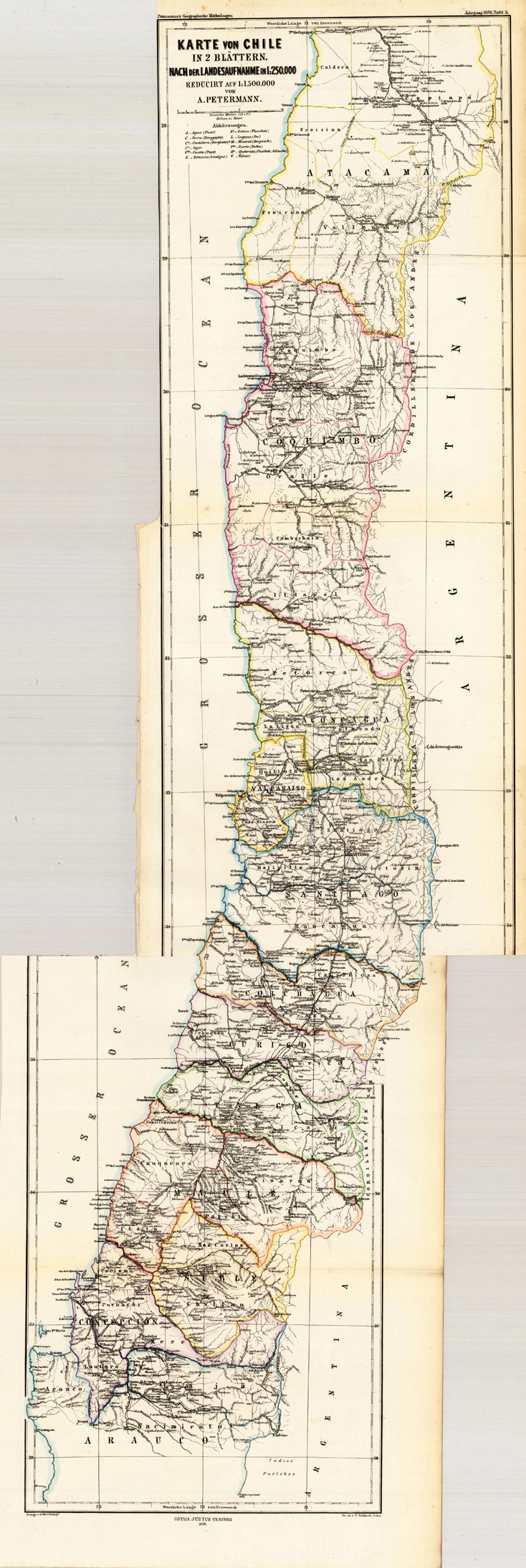 Karte von Chile in 2 Blättern. Nach der Landesaufnahme in 1:250.000 Reducirt auf 1:1.500.000 von A. Petermann.