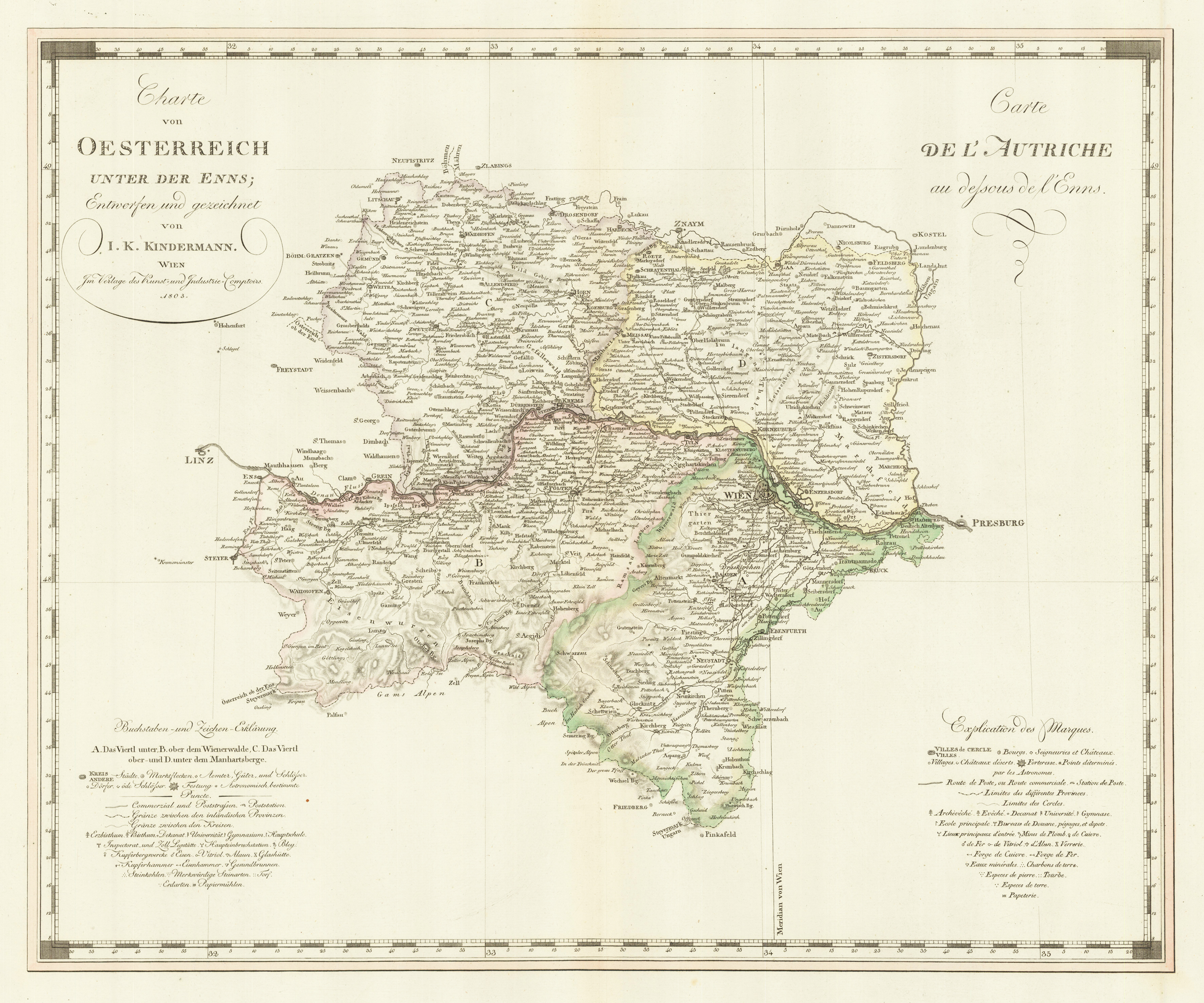 Charte von Oesterreich, unter der Enns; entworfen und gezeichntet von I.K. Kindermann. Wien. Im Verlage des Kunst und Industrie-Comptoirs 1803.
